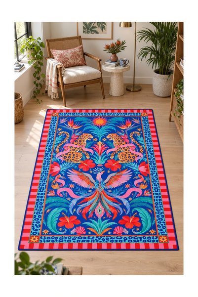 Rugs Modern Halı DORA Botanik Hayvan Çizgili Desenli Çok Renkli İnce Dokuma T...
