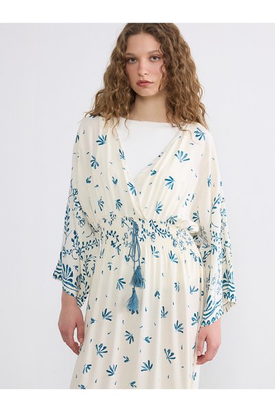 LC Waikiki Lcw Modest Blue Viscose Floral Loose & Generous Double Breasted Lo...