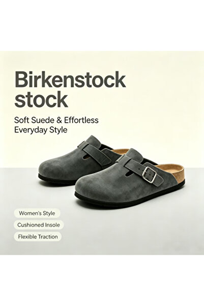 Birkenstock T حذاء مولز رمادي حجري من الجلد المدبوغ - حذاء بدون كعب مغلق من ا...