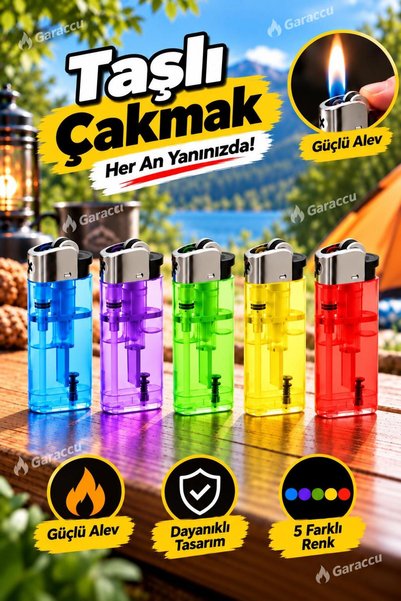 garaccu 5 Adet Şeffaf Taşlı Çakmak Doldurulabilir - İstediğiniz Renk Veya Karışık Gönderilir