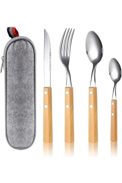 AZONEE Cutlery Sets, Set of 4 Stainless Steel Kitchen Tableware, Wooden Handl...