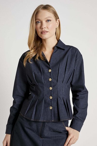 armalife Pile Detaylı Düğmeli Denim Görünümlü Gömlek
