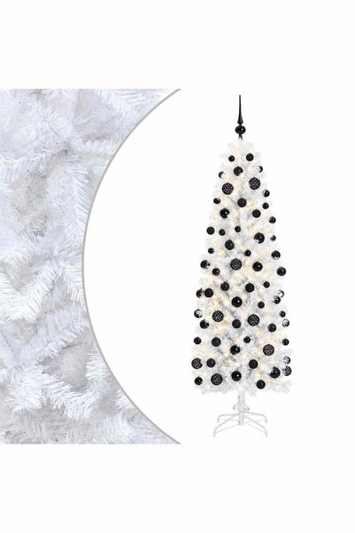 vidaxl Brad de Crăciun artificial îngust cu globuri 210 cm 300 LED-uri