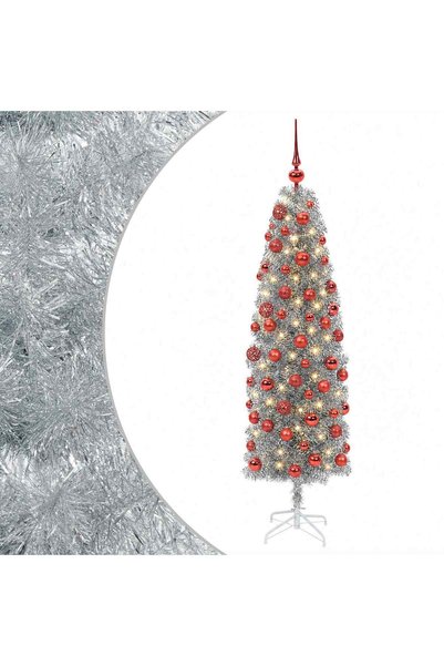 vidaxl Brad de Crăciun artificial îngust cu globuri 180 cm 300 LED-uri