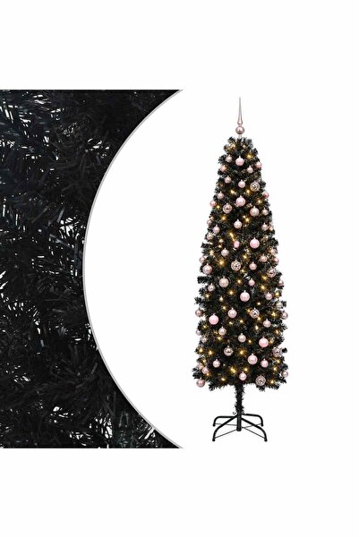 vidaxl Brad de Crăciun artificial îngust cu globuri 210 cm 300 LED-uri