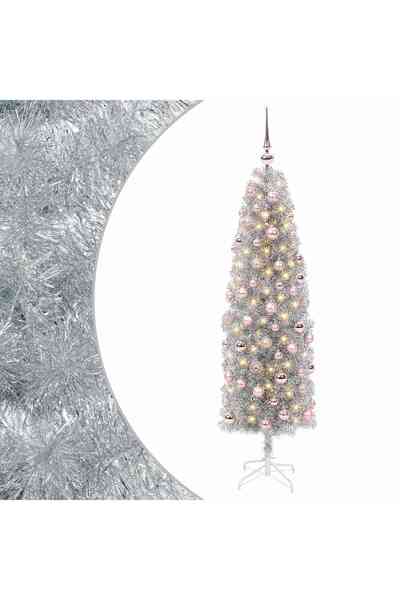 vidaxl Brad de Crăciun artificial îngust cu globuri 180 cm 300 LED-uri