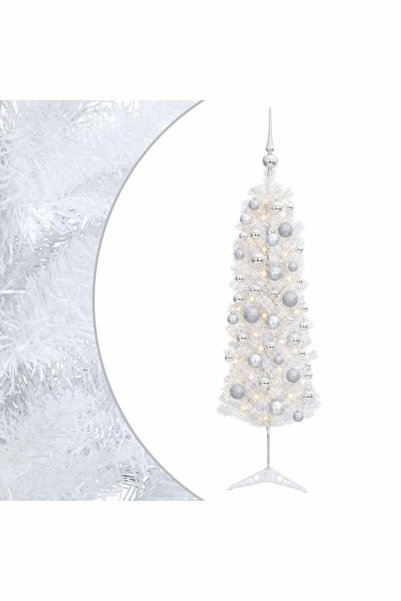 vidaxl Brad de Crăciun artificial îngust cu globuri 120 cm 150 LED-uri