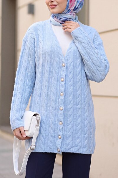 Modamorfo Hair Braid Patterned Pearl Buttoned Knitwear Cardigan - Baby Blue