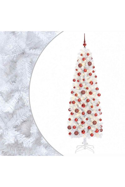 vidaxl Brad de Crăciun artificial îngust cu globuri 210 cm 300 LED-uri