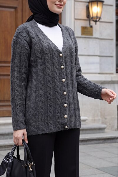 Modamorfo Hair Weave Patterned Pearl Buttoned Knitwear Cardigan -Smoked