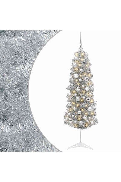 vidaxl Brad de Crăciun artificial îngust cu globuri 150 cm 150 LED-uri
