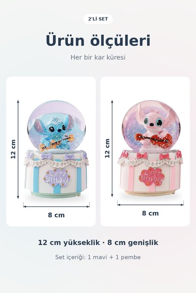 ALFAGİFT Stitch ve Angel 2'li Müzikli LED Işıklı Kar Küresi Seti Dekoratif Doğum Günü Hediyesi