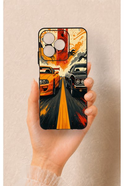 Vip Case Realme C53 Compatible Orange and Black Car Patterned Silicone Case