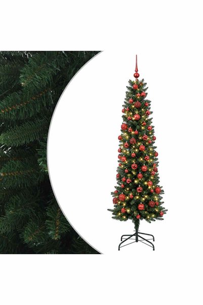 vidaxl Brad de Crăciun artificial îngust cu globuri 210 cm 300 LED-uri