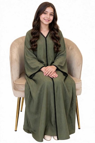Generic Brand Linen Abaya with Lace Embroidery - Olive Color