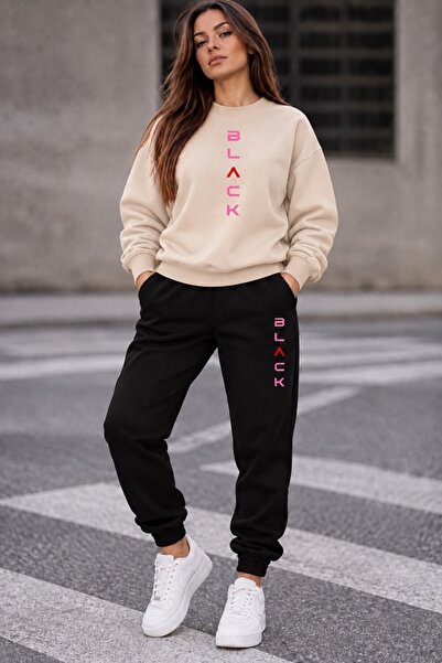 FAEL LİFE Penbe Balack Printed Unisex Sweatshirt and Sweatpants Oversize Prem...