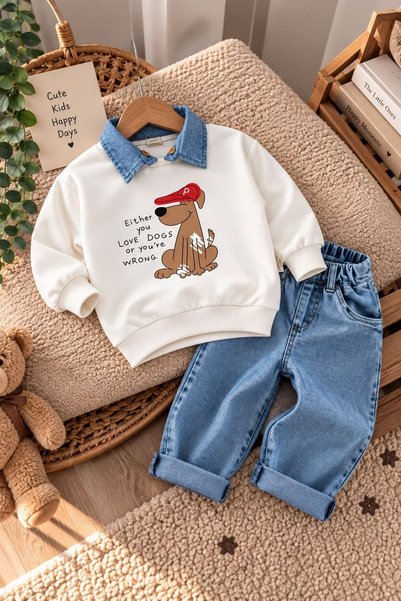 Minigimin Cicileri Dogs Detachable Collar Detailed Baby Boy Suit - Ecru