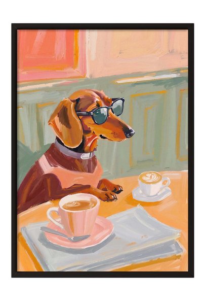 Postifull Poster cu un câine care bea cafea purtând ochelari – Tablou cu ramă...