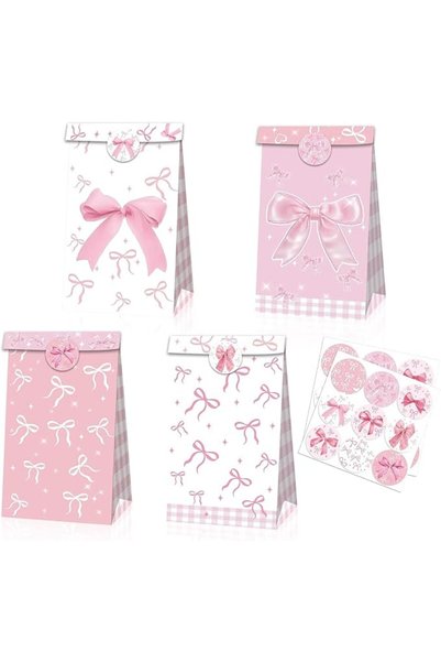 NALACAL 12 Pcs Pink Bow Gift Bags with Handles, Cute Bow Paper Bags for Party...