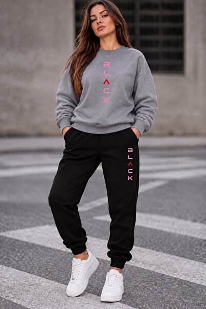 FAEL LİFE Penbe Balack Printed Unisex Sweatshirt and Sweatpants Oversize Prem...