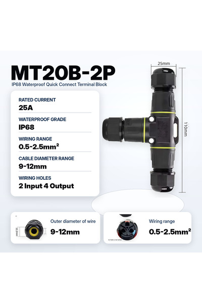 Choice MT20B-2P 5-8mm IP68 Waterproof Connector X Y T Type 3 Way Cable Wire J...