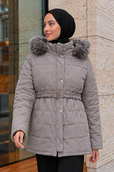 Tesettür Dünyası Zippered Hooded Short Nova Coat Tsd260324 Gray