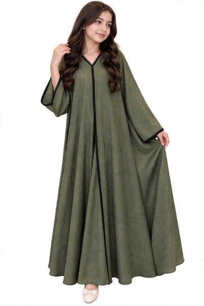 Generic Brand Linen Abaya with Lace Embroidery - Olive Color