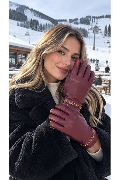 BALIENTE Burgundy Chain Accessory Detailed Faux Leather Women's Gloves