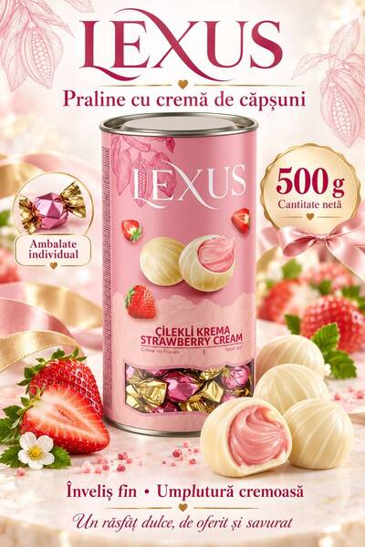 Lexus – Praline cu cremă de căpșuni, înveliș alb și ambalare individuală, cut...