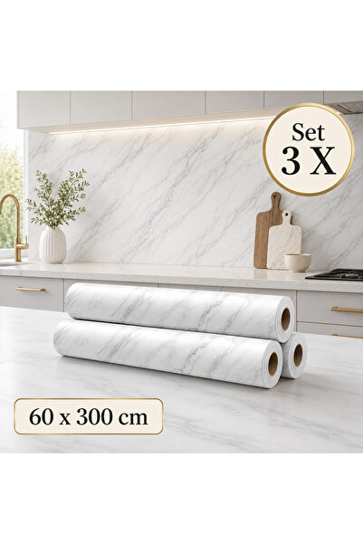 OEM Set de 3 x Tapet decorativ cu aspect de marmură albă și inserții gri, 60 ...