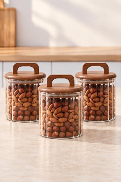 Atbyhome 3'lü Akasya Kulplu Çizgili Cam Erzak Kavanozu 650 ml - Vakumlu Baharat Ve Kuruyemiş Saklama Kabı Seti