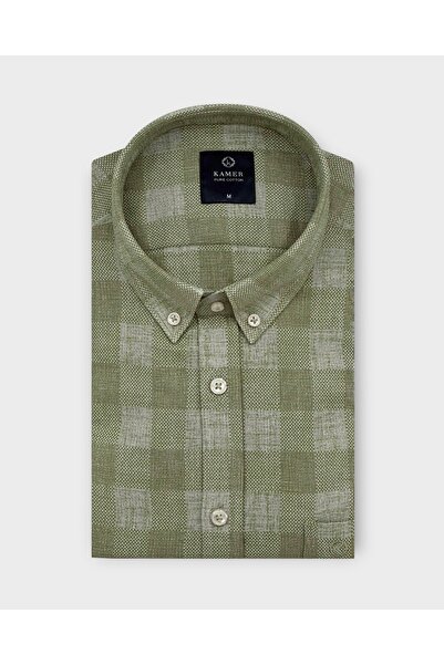 KAMER Regular Fit Long Sleeve 100% Cotton Buttoned Collar Patterned Green Shirt 3811Y