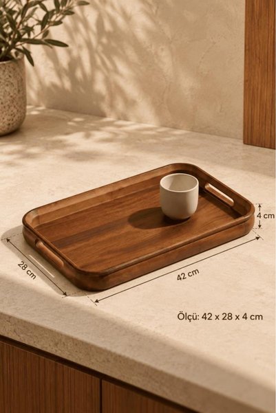 Atbyhome Akasya Kulplu Servis Tepsisi 42x28x4 cm - Büyük Boy Dikdörtgen Kahvaltı Ve Kahve Sunum Tepsisi