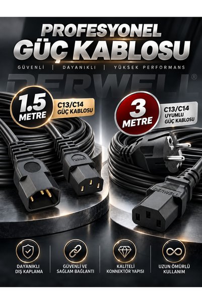 Derwell 2'li Güç Kablosu Seti 1.5 Metre C13 C14 Erkek Dişi UPS Uzatma Kablosu - 3 Metre Topraklı Fişli IEC C13 Bilgisayar Güç Kablosu, PC Kasa Monitör Yazıcı PDU Uyumlu Siyah Kablo Seti 2 Parça