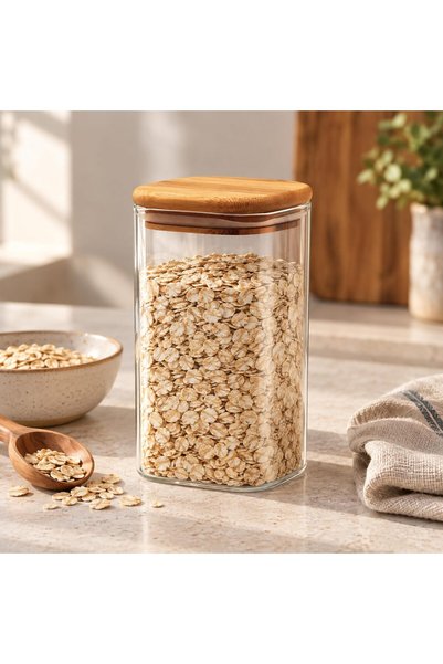 Cuisine Art Glass Storage Jar with Bamboo Lid, 1020 ml, Clear Square Design, Airtight Seal, 375g