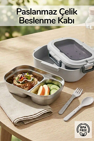 İronika 2-Compartment Stainless Steel Lunch Box with Spoon and Fork, Lunch Bo...