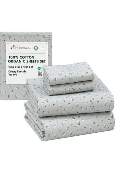 RUVANTI 100% Cotton Percale Sheets for King Size Bed - 16 Inches Deep Pocket ...