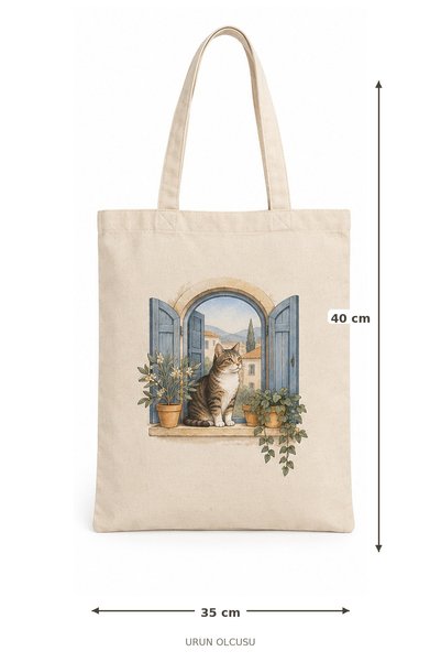 TEKSIVA Kedi Desenli Ham Bez Çanta 35x40 cm Ekru Omuz Çantası