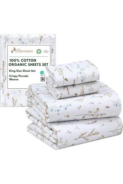 RUVANTI 100% Cotton Percale Sheets for King Size Bed - 16 Inches Deep Pocket ...