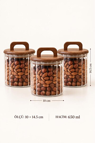 Atbyhome 3'lü Akasya Kulplu Çizgili Cam Erzak Kavanozu 650 ml - Vakumlu Baharat Ve Kuruyemiş Saklama Kabı Seti