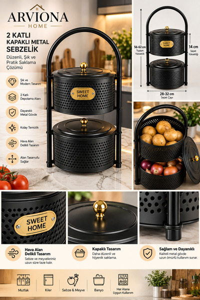 ARVIONA HOME 2 Katlı Kapaklı Metal Sebzelik Patates Soğan Saklama Sepeti Siyah Gold