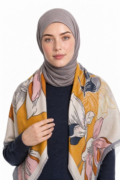 Mooncorn Magnolia Pattern Wool Cashmere Shoulder Scarf