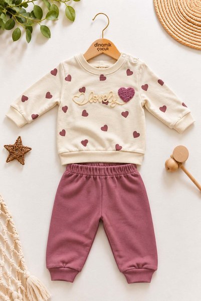 dinamik çocuk Baby girl heart patterned lovely embroidered 2-piece bottom top...