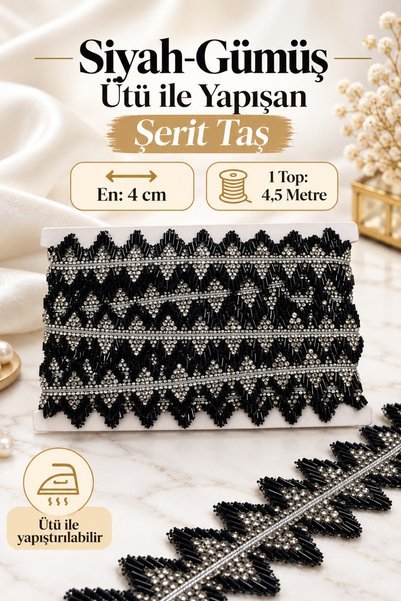 kubbe tekstil aksesuar Ütü ile Yapışan Siyah-Gümüş Taşlı Şerit 4 cm 4,5 Metre...