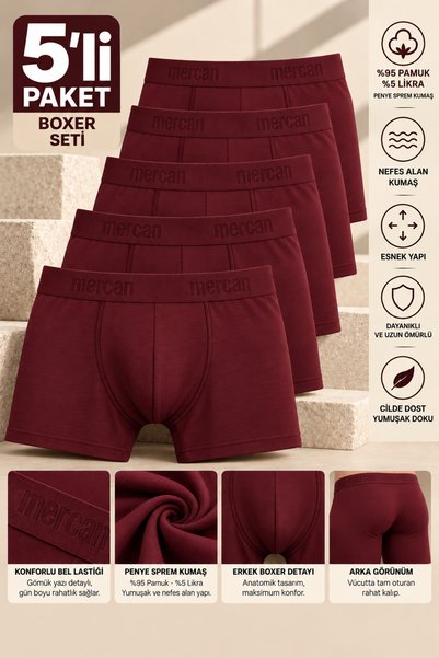 Mercan 5-Piece Advantage Pack Men's Burgundy Cotton Boxers