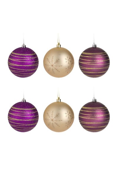 OEM Set Globuri de Crăciun Mov cu Glitter Bej Șampanie Ø10 cm – 6 buc. – Atmo...