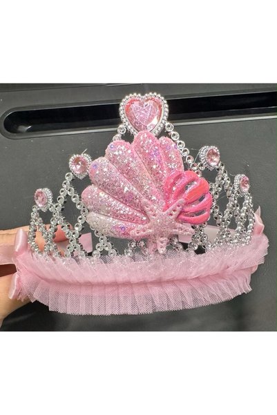 QUEEN AKSESUAR تاج الأميرة اللامع مع نجمة صدفية وقلب من التول لحفلات أعياد الميلاد باللون الوردي