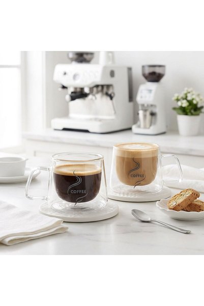 ARVALE Crema 180 ml Çift Camlı Kahve Kupası 2 Adet – Coffee Yazılı Şeffaf Fin...