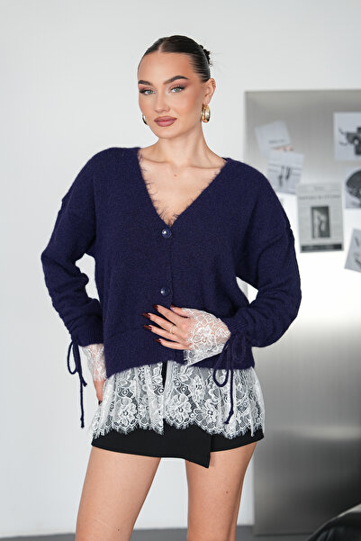 Moda Palmiss Cardigan de damă cu dantelă, cu decolteu în V și șireturi