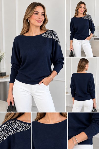 moda rüyası Women's Stone Embellished Boat Neck Knitwear Blouse Long Sleeve L...